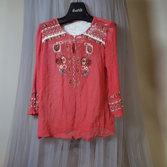Soft Surroundings Bohemian Peasant Blouse Embellished Hippie PM Semi Sheer Vaca - Picture 2 of 6